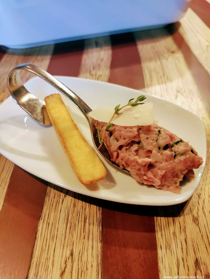 Steak tartare at Na Kopci with herbs and a single French fry (on the house, November 2021). Steak tartare at Na Kopci with herbs and a single French fry (on the house, November 2021).