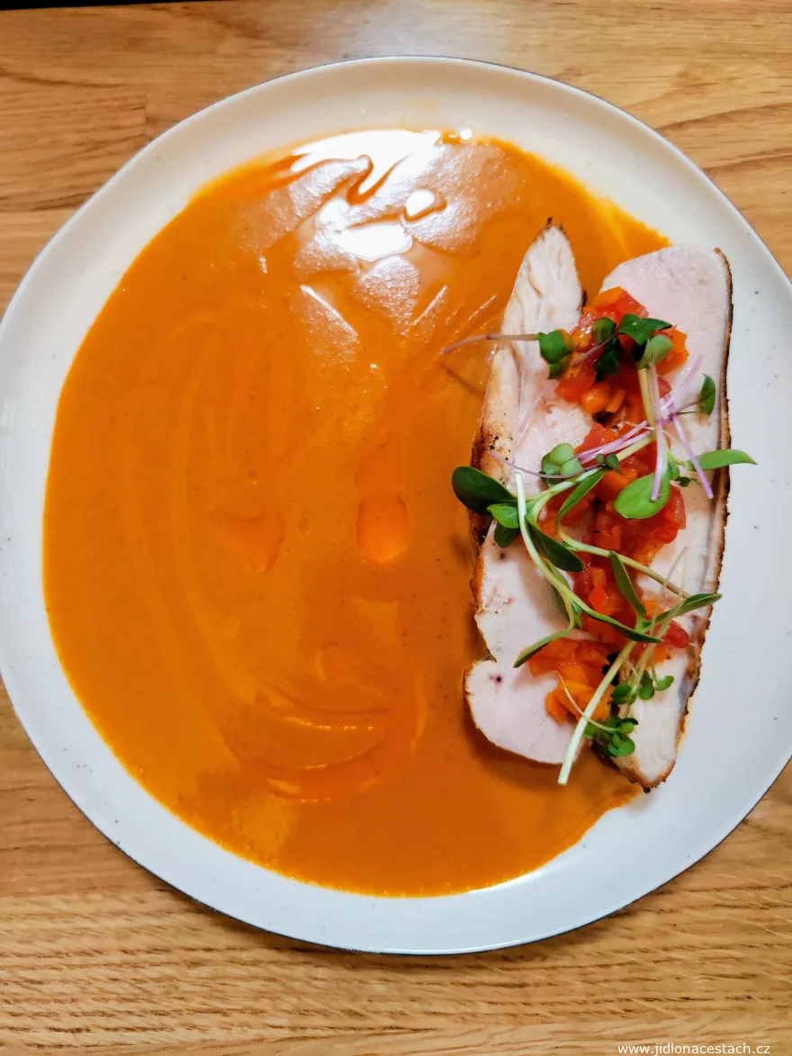 Lunch menu at Kamin Restaurant - paprika chicken with pearl barley as the main course (August 2023). Lunch menu at Kamin Restaurant - paprika chicken with pearl barley as the main course (August 2023).