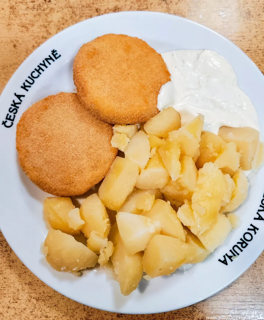 A dish from the standing menu at Havelská koruna - deep-fried Hermelín cheese, potatoes, tartar sauce (2023). A dish from the standing menu at Havelská koruna - deep-fried Hermelín cheese, potatoes, tartar sauce (2023).