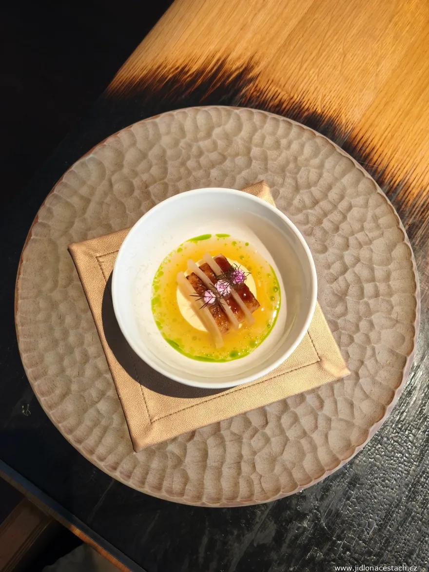 Field Restaurant: seared smoked eel with quince juice (tasting menu, November 2025). Field Restaurant: seared smoked eel with quince juice (tasting menu, November 2025).